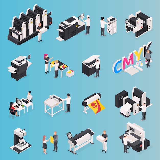 Printing house icons set with polygraphy symbols isometric isolated