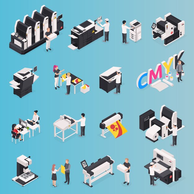 Printing house icons set with polygraphy symbols isometric isolated