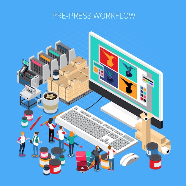Free vector printing house isometric composition with digital prepress workflow technology software  on desktop computer monitor