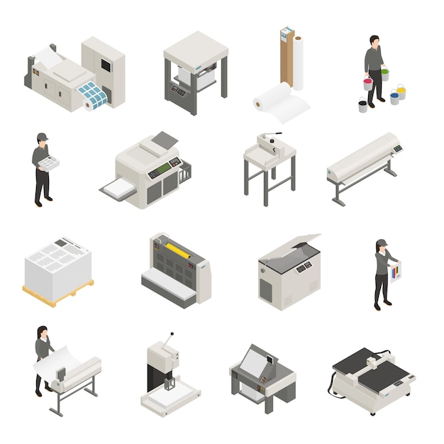 Free vector printing house isometric icons set