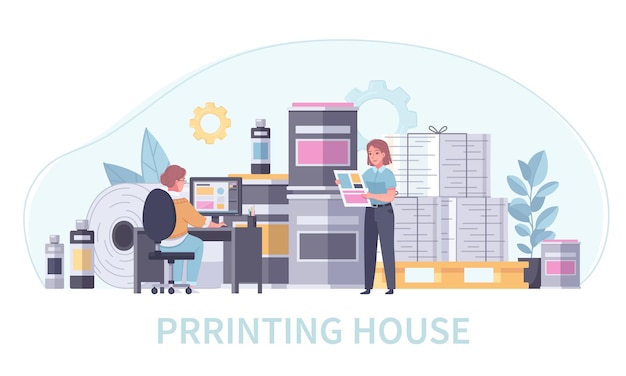 Printing house polygraphy colored and cartoon concept print office staff at work vector illustration