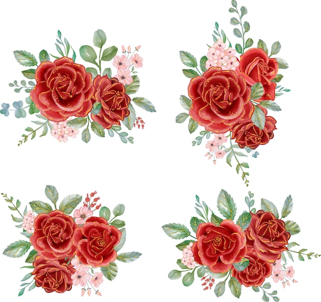 Free vector printred rose with gold line watercolor floral arrangement bouquet luxurious floral elements botanical background or wallpaper design prints and invitations and postcards