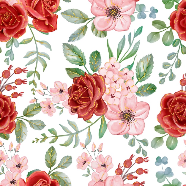 PrintRed Rose with Gold Line Watercolor floral seamless pattern Luxurious floral backgrounds textile or wallpaper design prints and invitations and postcards