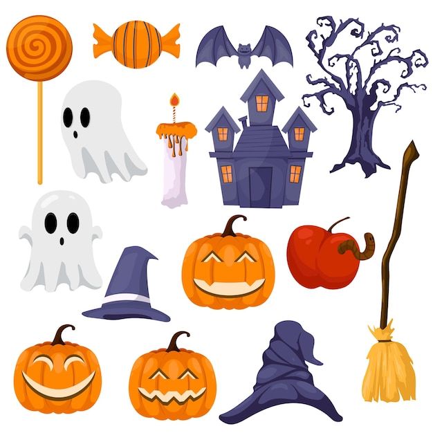 Бесплатное векторное изображение Принтсет коллекции элементов хэллоуина