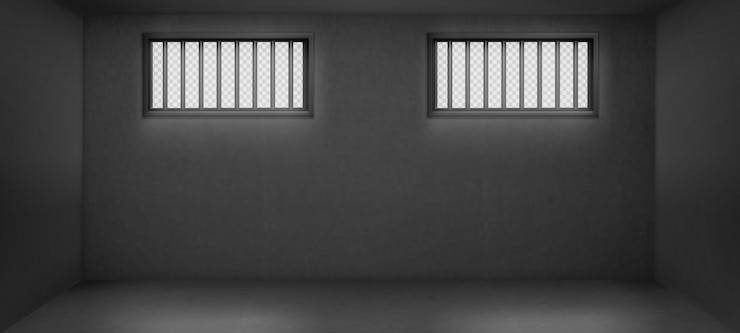 Free Vector prison cell with barred windows, empty jail interior with grey concrete walls and sun rays falling on floor.