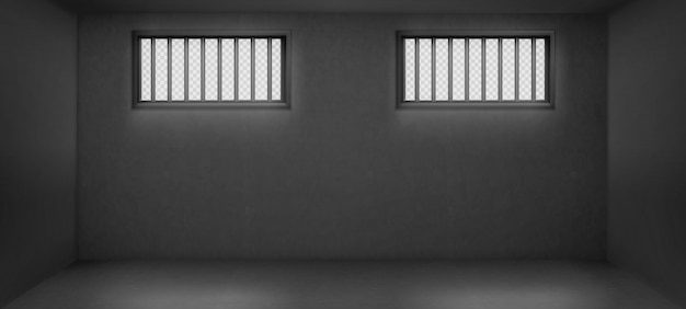 Prison cell with barred windows, empty jail interior with grey concrete walls and sun rays falling on floor.