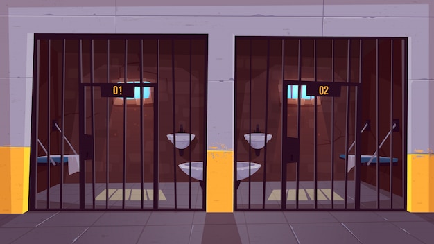 Prison corridor with two empty single cells behind steel bars cartoon. 