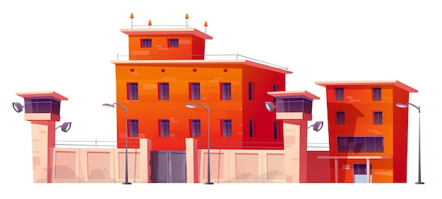 Vettore gratuito prigione, carcere con recinzione, muri di mattoni rossi, torri di avvistamento e grate alle finestre. illustrazione del fumetto vettoriale dell'edificio per prigionieri di guardia e detenuti criminali, casa penitenziaria