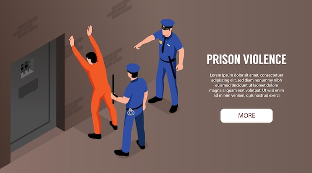 Насилие в тюрьме с двумя полицейскими и задержанным, стоящим у двери, иллюстрация