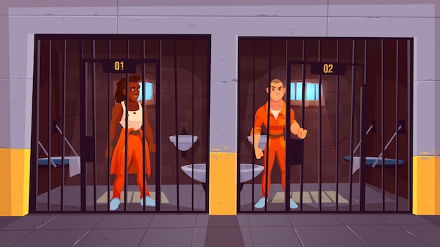 Free vector prisoners in prison jail. people in orange jumpsuits in cell. arrested convict male characters standing behind of metal bars. life in jailhouse. police, indoors interior. cartoon vector illustration