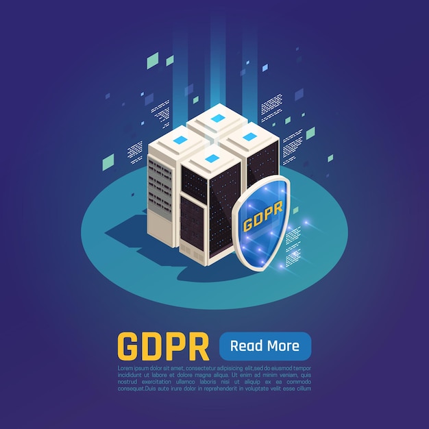 Бесплатное векторное изображение Защита конфиденциальности данных gdpr изометрическая иллюстрация с серверами данных с кнопкой щита и текстом