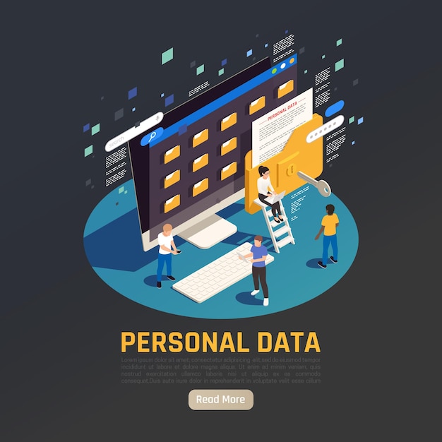 Illustrazione isometrica di protezione dei dati della privacy gdpr con computer desktop con cartelle persone e pulsante per saperne di più