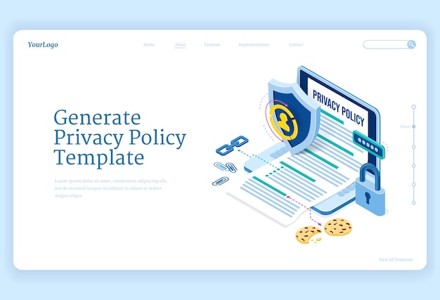 Privacy policy isometric landing page, data protection, digital security, personal confidential information online safety. Laptop with generated template, shield and lock 3d line art web banner