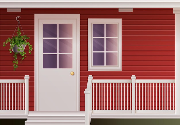 Бесплатное векторное изображение Фасад частного загородного коттеджа с входной дверью и огороженной верандой реалистичная иллюстрация