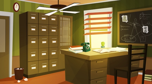 Private detective office interior cartoon