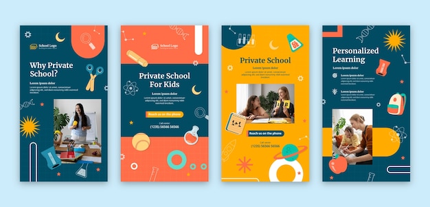 Free vector private school education instagram stories collection