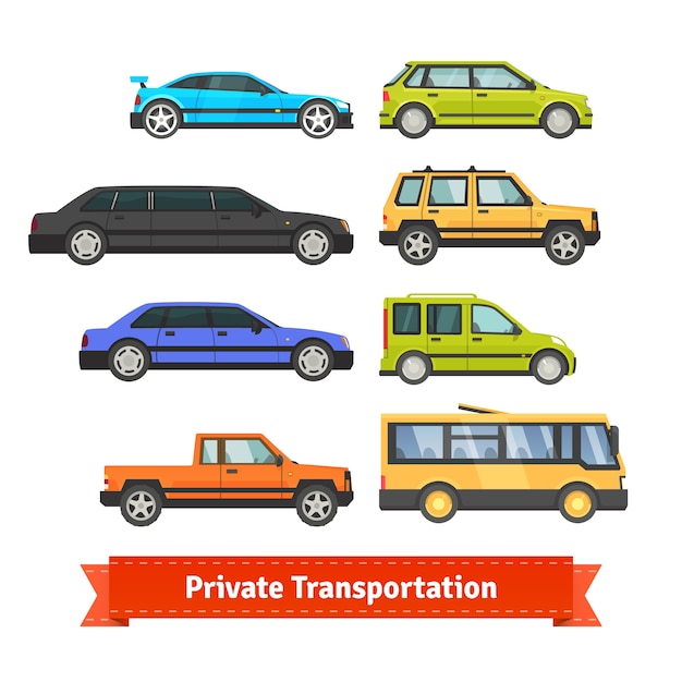 개인 교통 수단. 다양한 자동차와 차량