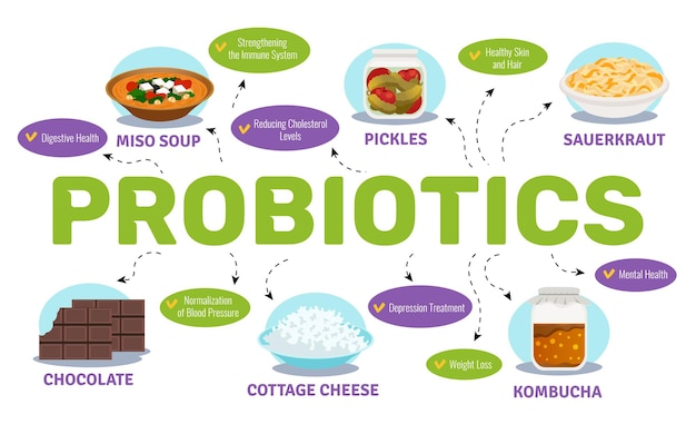 Probiotics and health concept with food and bacteria symbols flat illustration