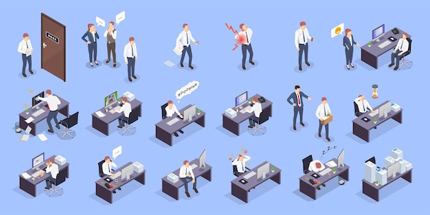 Free vector problem situations at work isometric icon set with different type of stress conflicts problems at work vector illustration