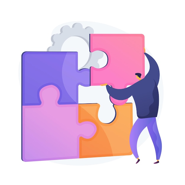 Problem solving. Creative decision, difficult task, lateral thinking. Man assembling puzzle cartoon character. Right choice, missing item. Vector isolated concept metaphor illustration