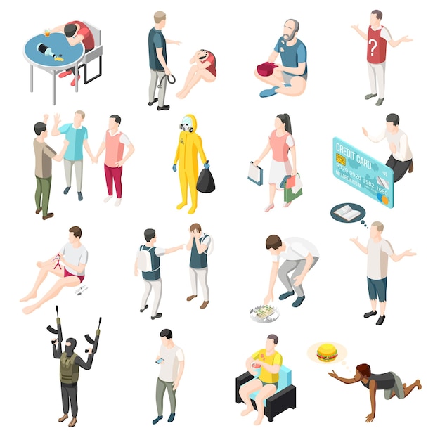 Problems of modern society isometric icons set