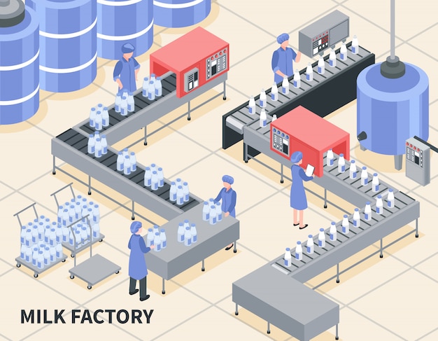 Process of milk packing on factory isometric illustration