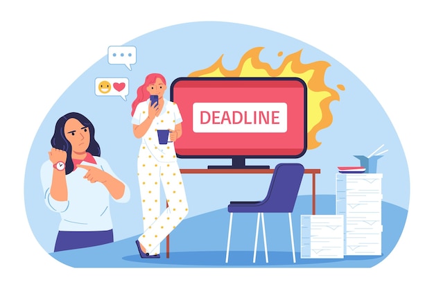 Free vector procrastination project deadline composition with female worker in pajama in front of burning computer and paperwork vector illustration