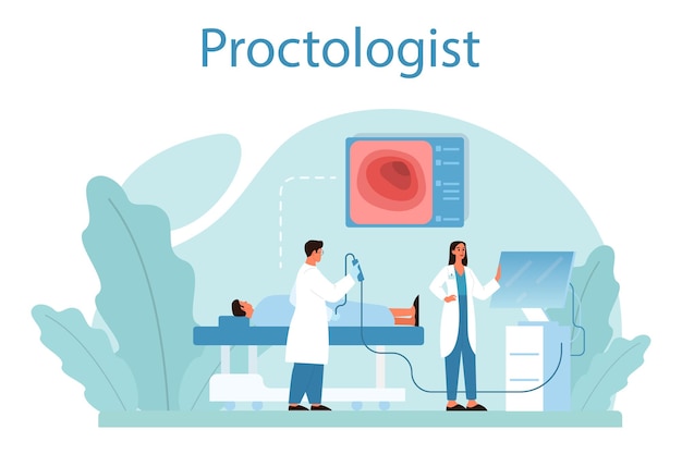 Concetto di proctologo il medico esamina l'intestino idea di consulenza diagnostica per la salute e il trattamento medico illustrazione vettoriale isolata in stile cartone animato