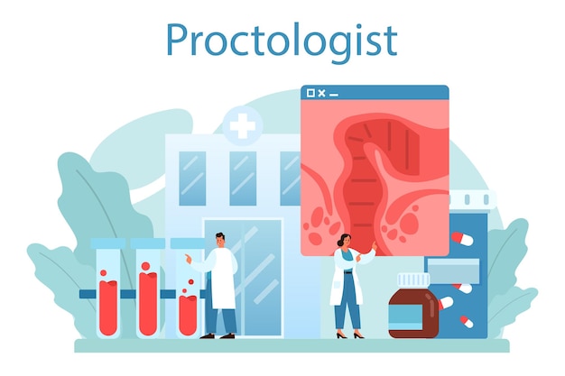 Concetto di proctologo il medico esamina l'intestino idea di consulenza diagnostica per la salute e il trattamento medico illustrazione vettoriale isolata in stile cartone animato