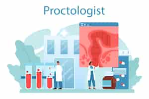 Vettore gratuito concetto di proctologo il medico esamina l'intestino idea di consulenza diagnostica per la salute e il trattamento medico illustrazione vettoriale isolata in stile cartone animato