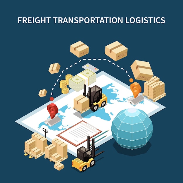 Procurement logistic sourcing purchasing storing organizing worldwide transportation materials to from warehouse background isometric composition vector illustration