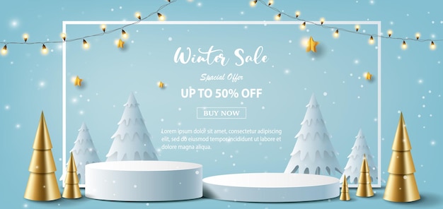 Product banner with geometric shapes podium and a snowflake for the winter sale