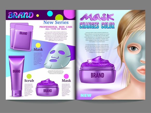 Free vector product catalog template with skin care concept. purple mask, scrub changes color to silvery.