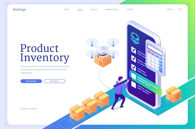 Product inventory isometric landing page. logistics order processing, warehouse tasking, stock supply planning concept. tiny supplier filling form on huge mobile phone screen, 3d vector web banner