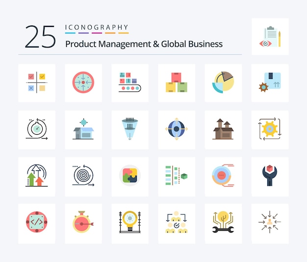 Product managment and global business 25 flat color icon pack including production industry operation production management