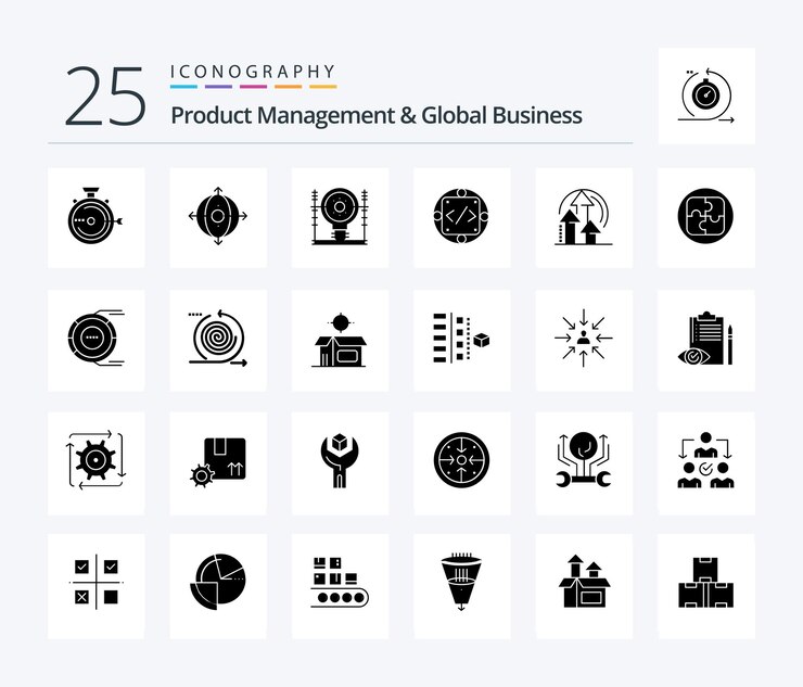 Free Vector product managment and global business 25 solid glyph icon pack including management custom product code generation