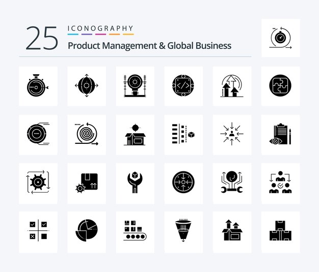 Product Managment And Global Business 25 Solid Glyph icon pack including management custom product code generation