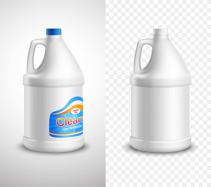Free Vector product package banners with blank and labeled laundry detergent bottles