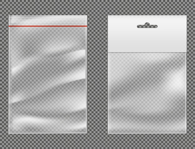 Бесплатное векторное изображение Типы упаковки продукта с прозрачными пластиковыми пакетами или пакетами с застежкой-молнией