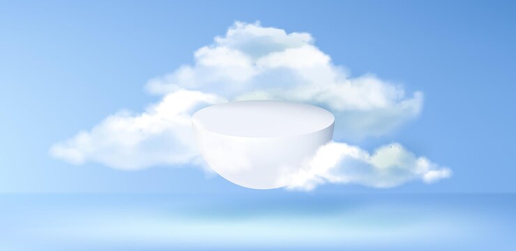 Free Vector product podium flying in blue sky with clouds