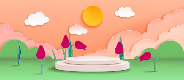 Free Vector product podium in paper cut landscape with tulips