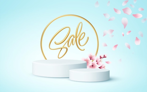 Free vector product podium scene with a branch of blooming sakura on a blue background