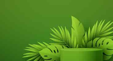 Vettore gratuito podio del prodotto con carta verde tagliata monstera tropicale e foglia di palma su sfondo verde. modello di mockup moderno per la pubblicità. illustrazione vettoriale eps10