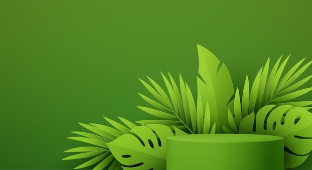 Подиум продукта с зеленой бумагой вырезать тропическую монстеру и пальмовый лист на зеленом фоне. Современный шаблон макета для рекламы. Векторная иллюстрация Eps10