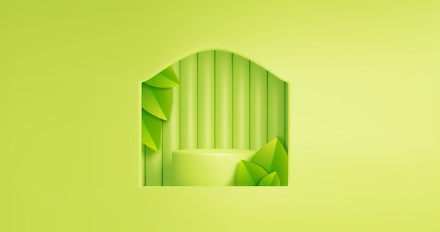 Free vector product podium with leaves behind window in wall