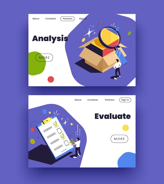 Free vector product quality control isometric landing pages with information about analysis and evaluation vector illustration