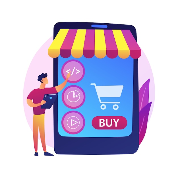 Product selection, choosing goods, put things to basket. Online supermarket, internet mall, merchandise catalog. Female purchaser cartoon character .