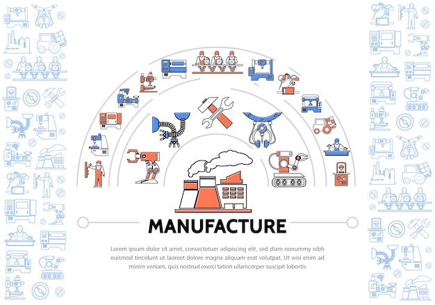 Production colorful line icons template with industrial equipment machineries factory wrench hammer