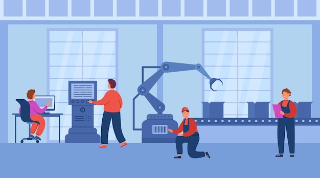 Free vector production process using robots and computers at smart factory. digital revolution, workers using machines with internet and data flat vector illustration. technology, innovation, industry 4.0 concept