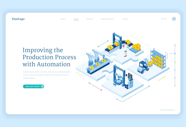 Free vector production process with automation isometric landing page. factory robotics arms on conveyor belt, smart warehouse logistics, cyborg industrial revolution, plant work improving 3d web banner